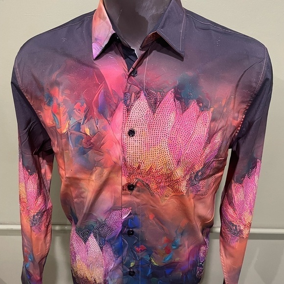 Deniko shirt button front casual black multi color rhinestones modern fit - Picture 4 of 4